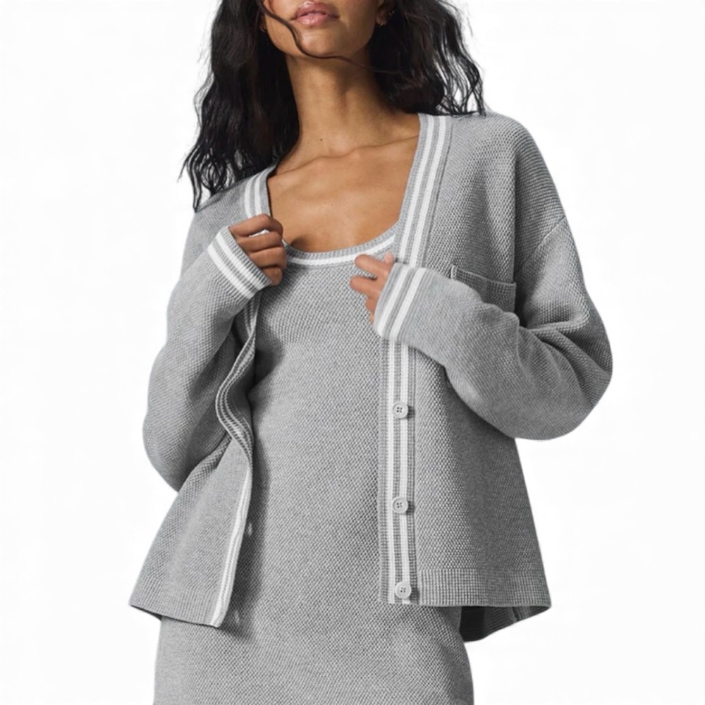 🤍 Alo Yoga Tennis Club Knit Cardigan Preppy Heather Grey White S